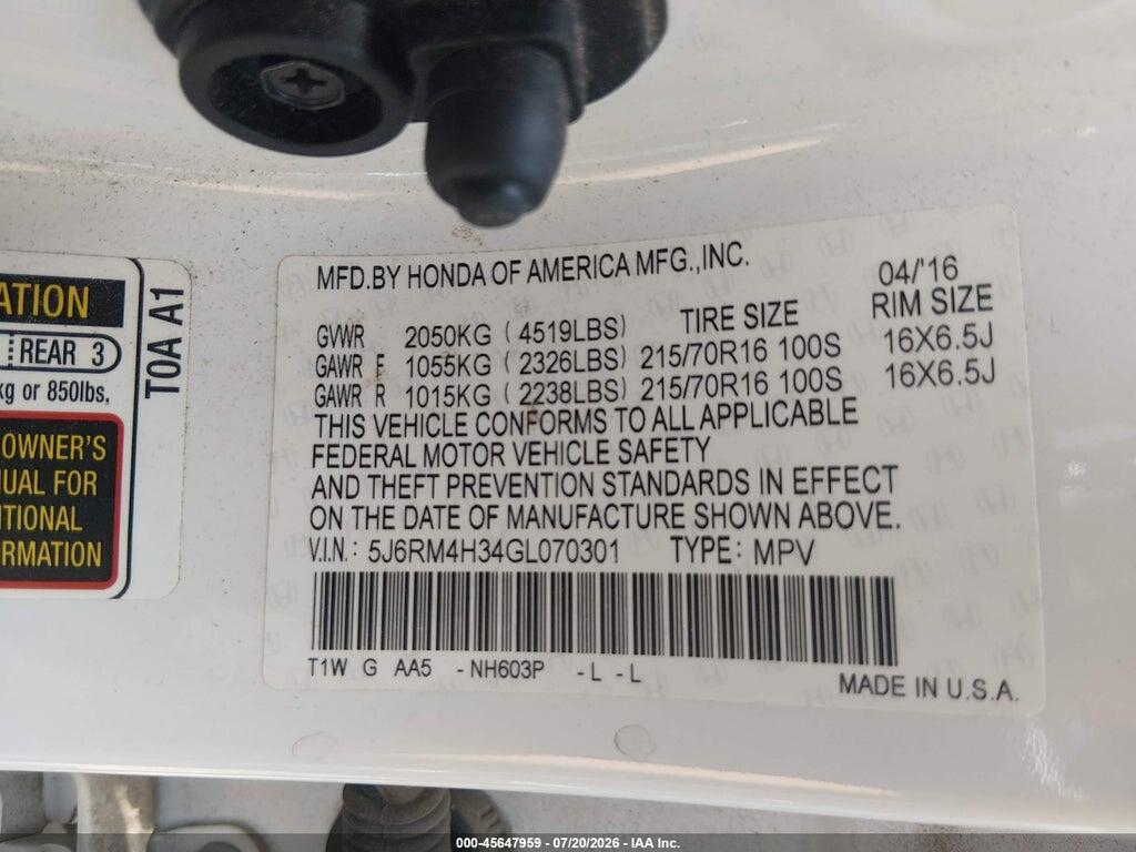 5J6RM4H34GL070301 2016 HONDA CR-V photo no. 9