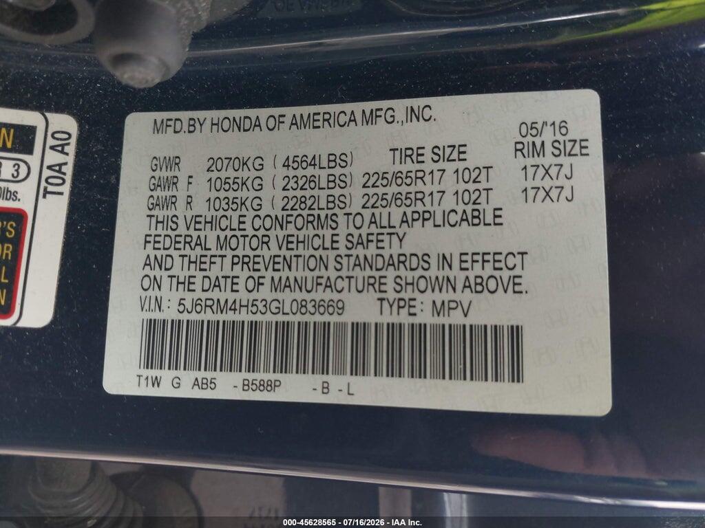 5J6RM4H53GL083669 2016 HONDA CR-V photo no. 9