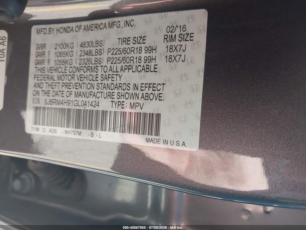 5J6RM4H91GL041424 2016 HONDA CR-V photo no. 9