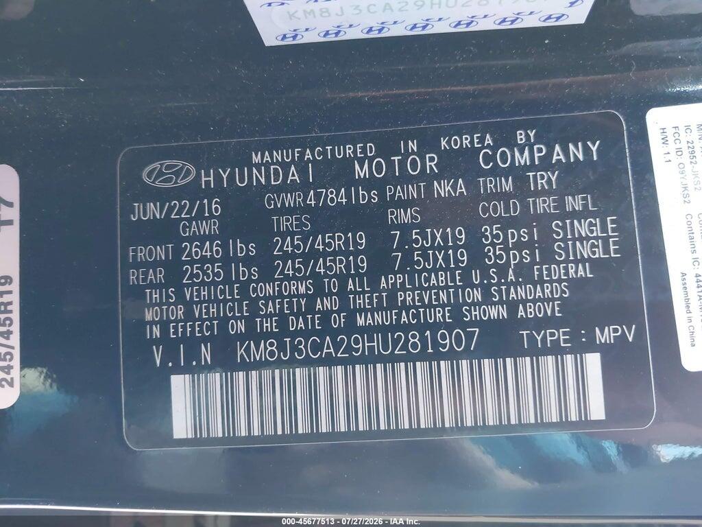 KM8J3CA29HU281907 2017 HYUNDAI TUCSON photo no. 9