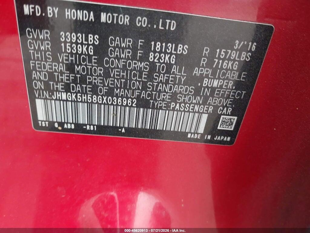 JHMGK5H58GX036962 2016 HONDA FIT photo no. 9