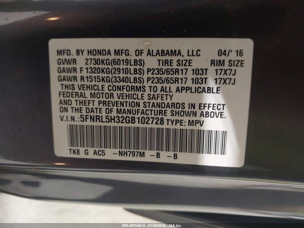 5FNRL5H32GB102728 2016 HONDA ODYSSEY photo no. 9