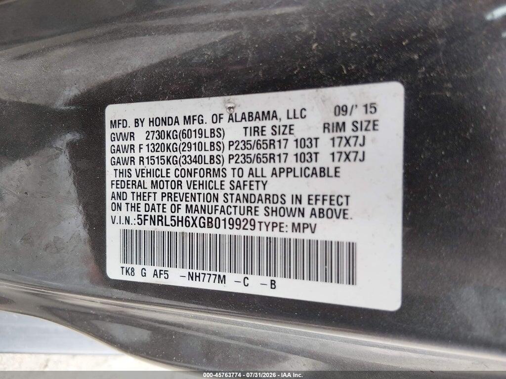 5FNRL5H6XGB019929 2016 HONDA ODYSSEY photo no. 9