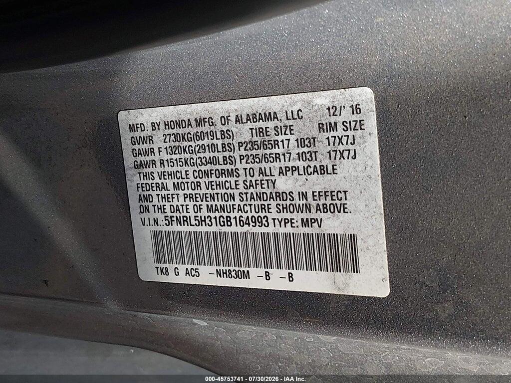 5FNRL5H31GB164993 2016 HONDA ODYSSEY photo no. 9