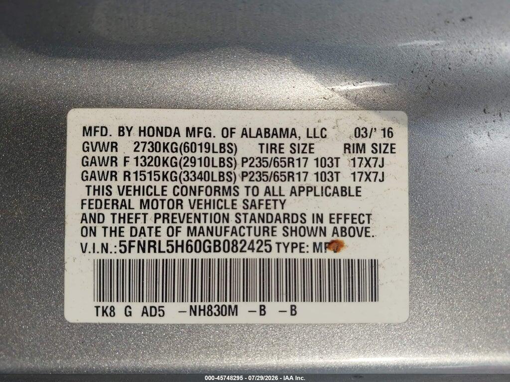 5FNRL5H60GB082425 2016 HONDA ODYSSEY photo no. 9