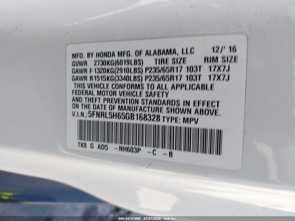 5FNRL5H65GB168328 2016 HONDA ODYSSEY photo no. 9