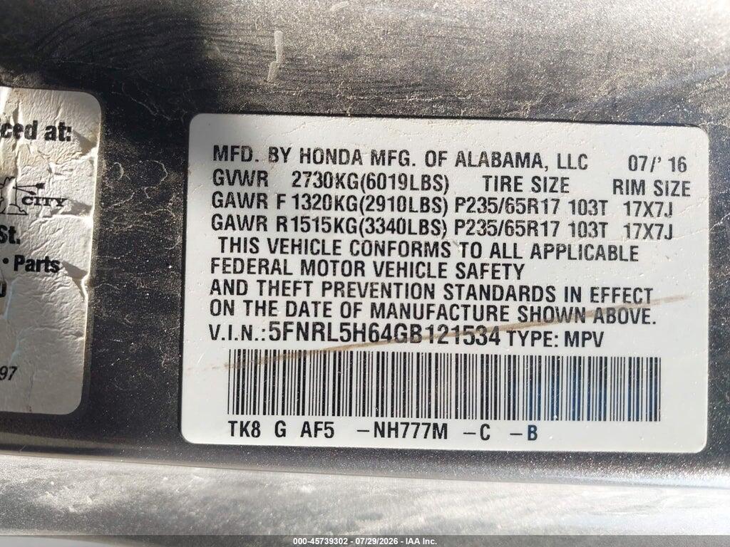 5FNRL5H64GB121534 2016 HONDA ODYSSEY photo no. 9