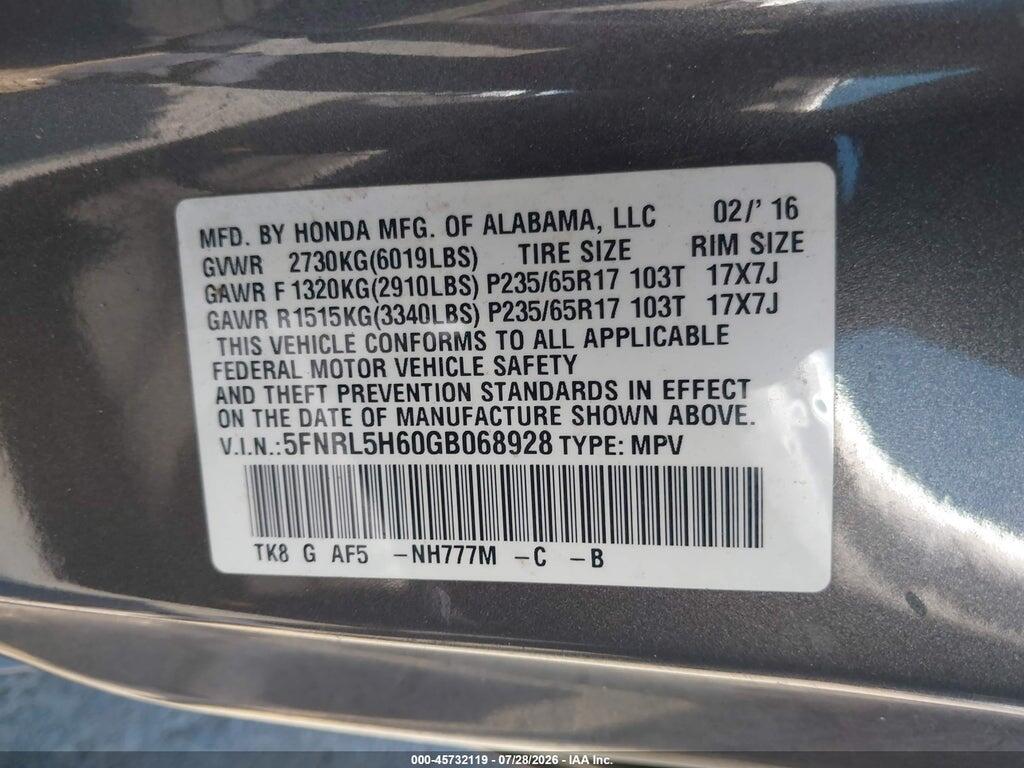 5FNRL5H60GB068928 2016 HONDA ODYSSEY photo no. 9