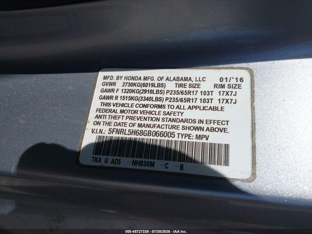 5FNRL5H68GB066005 2016 HONDA ODYSSEY photo no. 9
