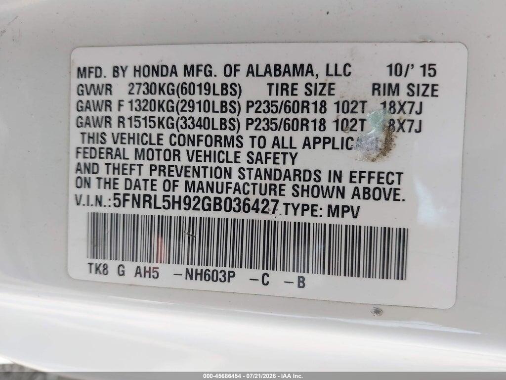 5FNRL5H92GB036427 2016 HONDA ODYSSEY photo no. 9
