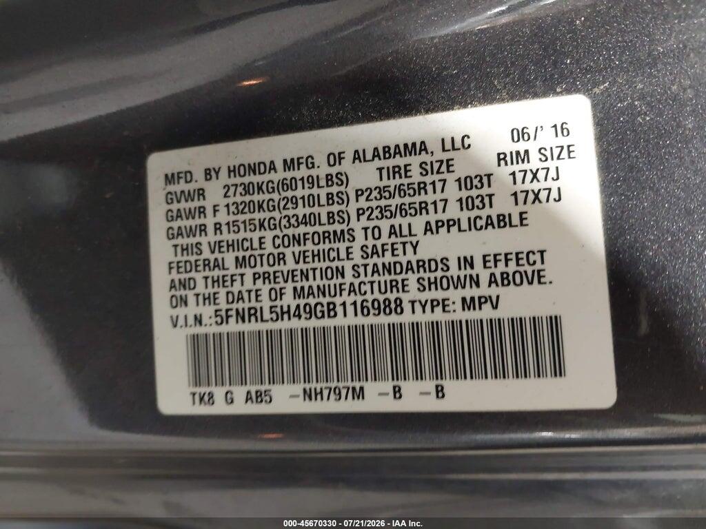 5FNRL5H49GB116988 2016 HONDA ODYSSEY photo no. 9