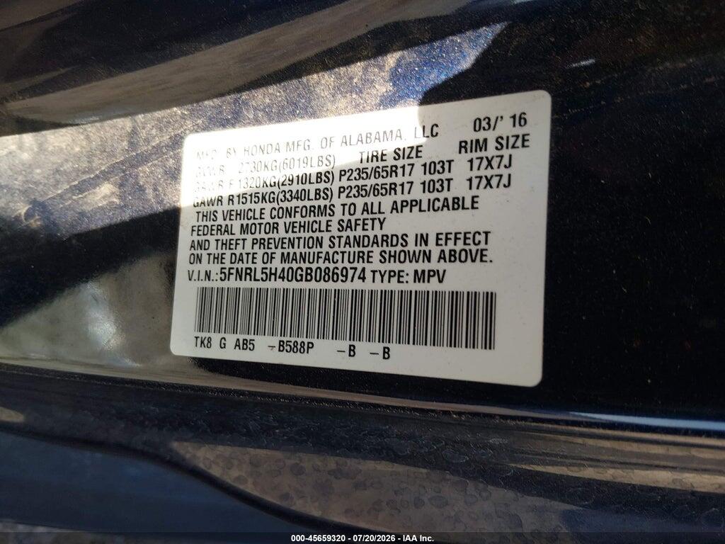 5FNRL5H40GB086974 2016 HONDA ODYSSEY photo no. 9