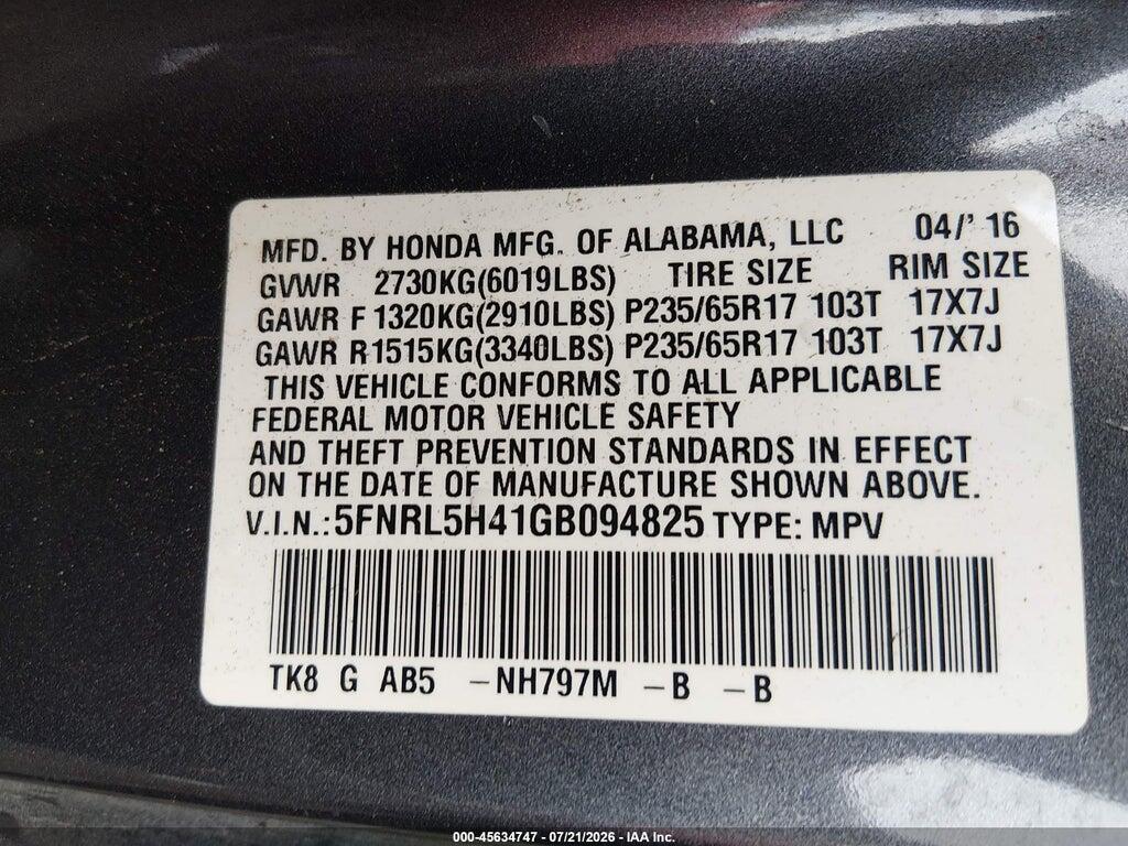 5FNRL5H41GB094825 2016 HONDA ODYSSEY photo no. 9