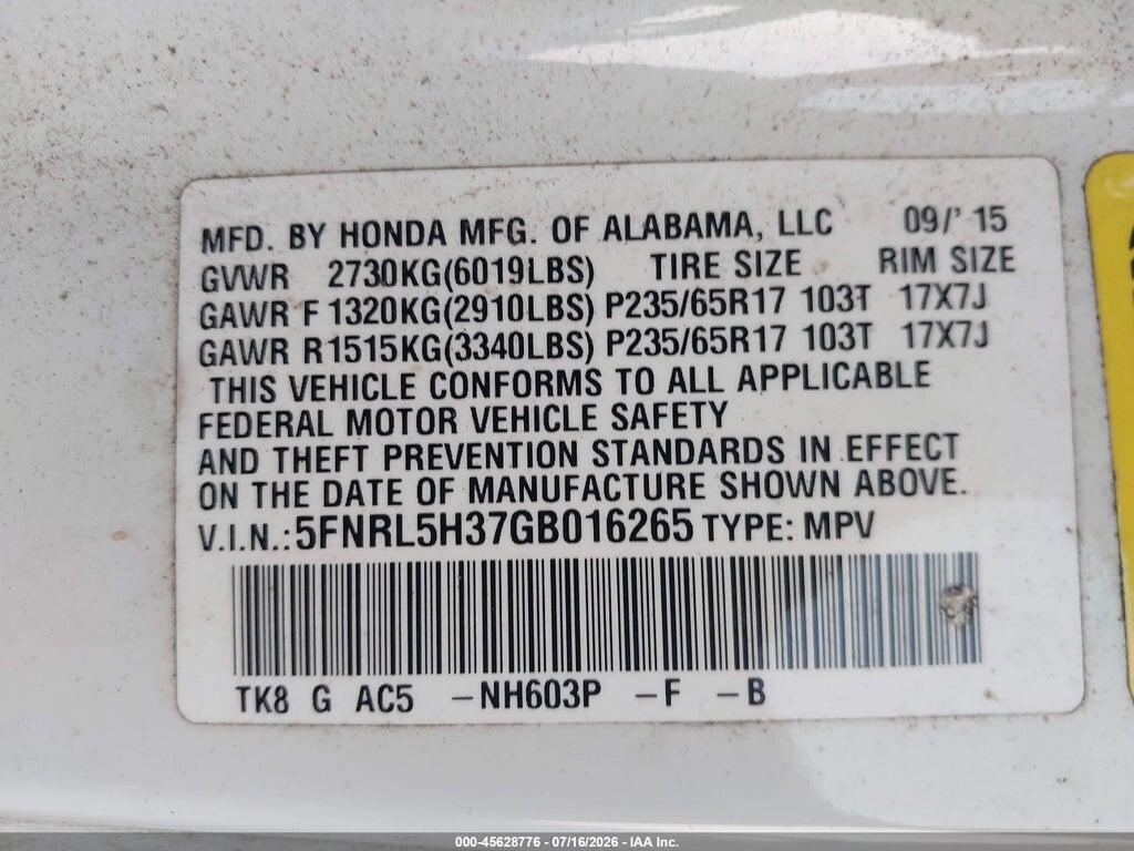 5FNRL5H37GB016265 2016 HONDA ODYSSEY photo no. 9