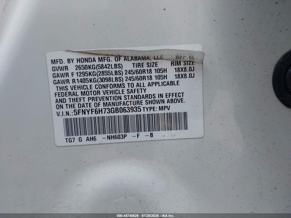 5FNYF6H73GB063935 2016 HONDA PILOT photo no. 9