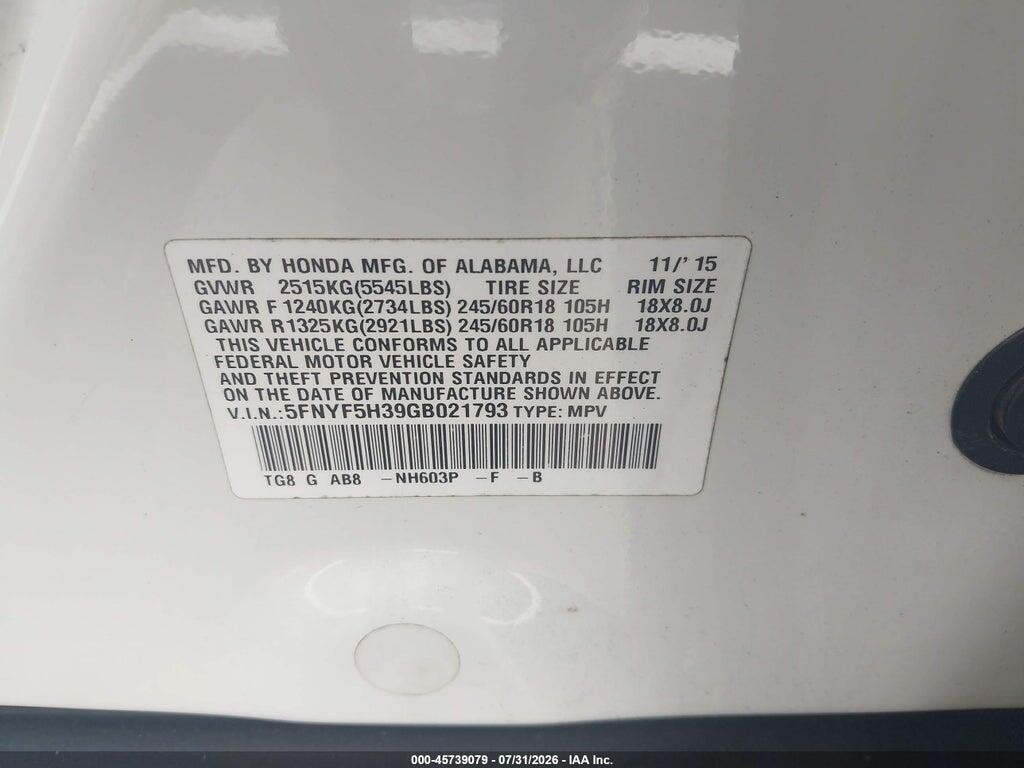 5FNYF5H39GB021793 2016 HONDA PILOT photo no. 9