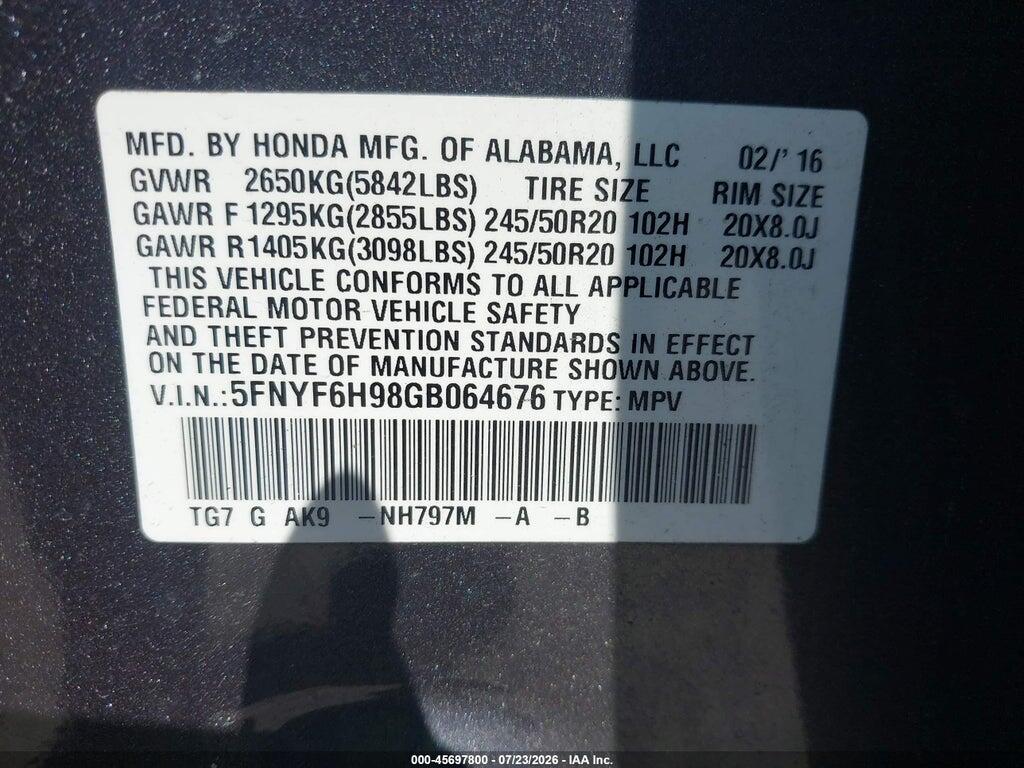 5FNYF6H98GB064676 2016 HONDA PILOT photo no. 9