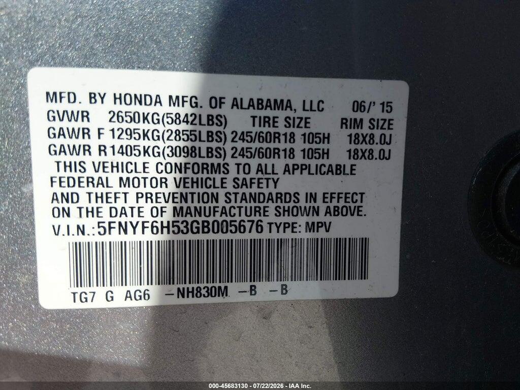 5FNYF6H53GB005676 2016 HONDA PILOT photo no. 9