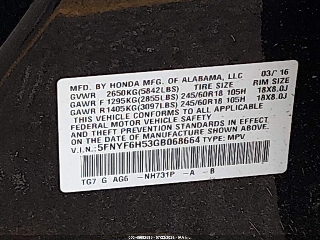 5FNYF6H53GB068664 2016 HONDA PILOT photo no. 9