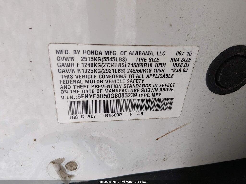 5FNYF5H50GB005239 2016 HONDA PILOT photo no. 9