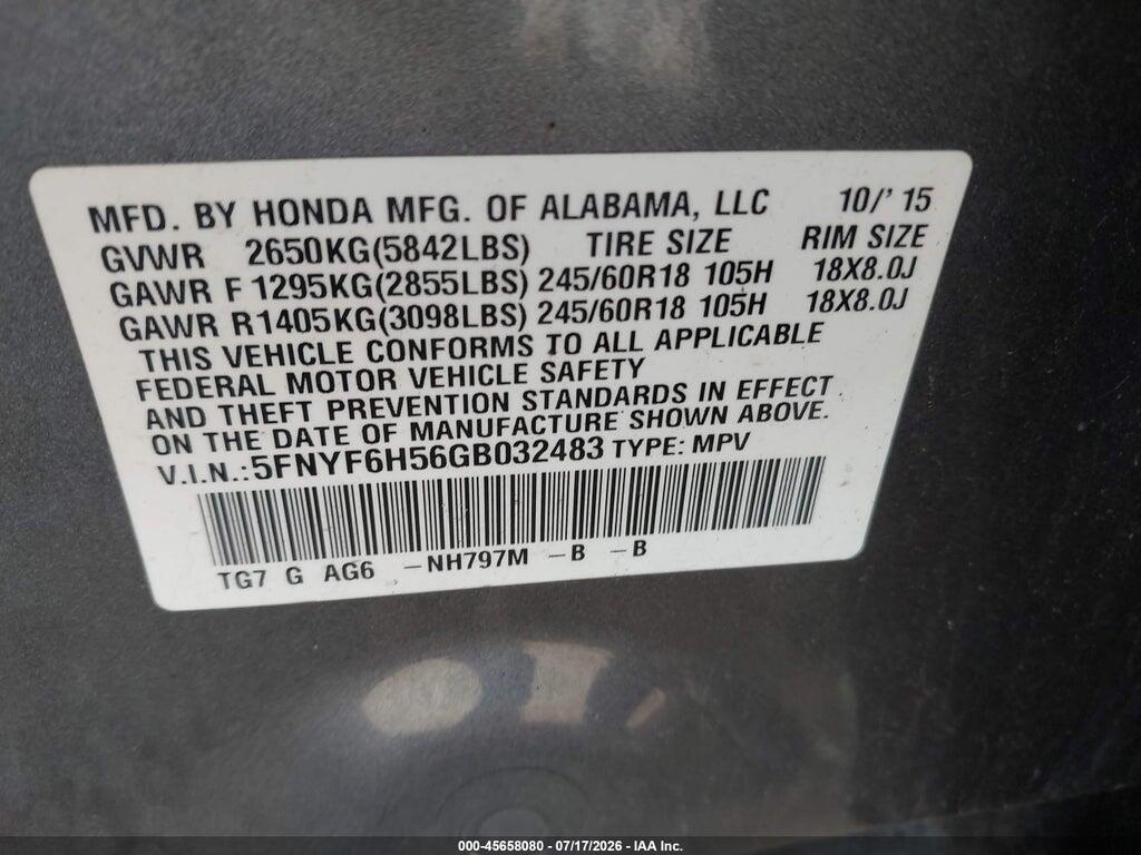 5FNYF6H56GB032483 2016 HONDA PILOT photo no. 9