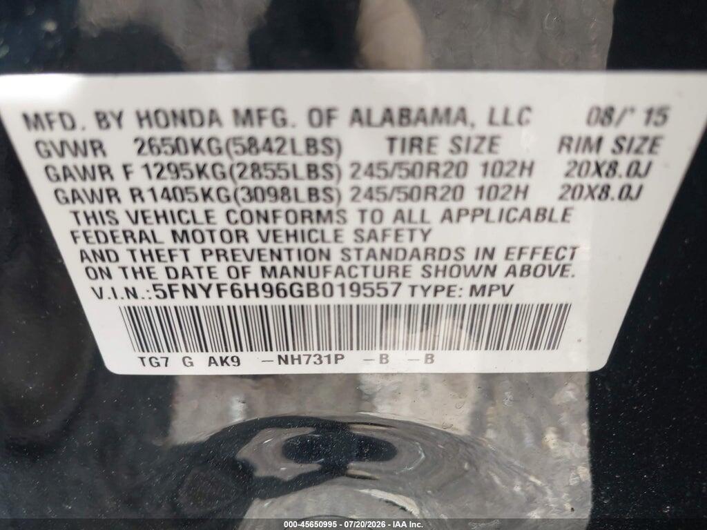 5FNYF6H96GB019557 2016 HONDA PILOT photo no. 9