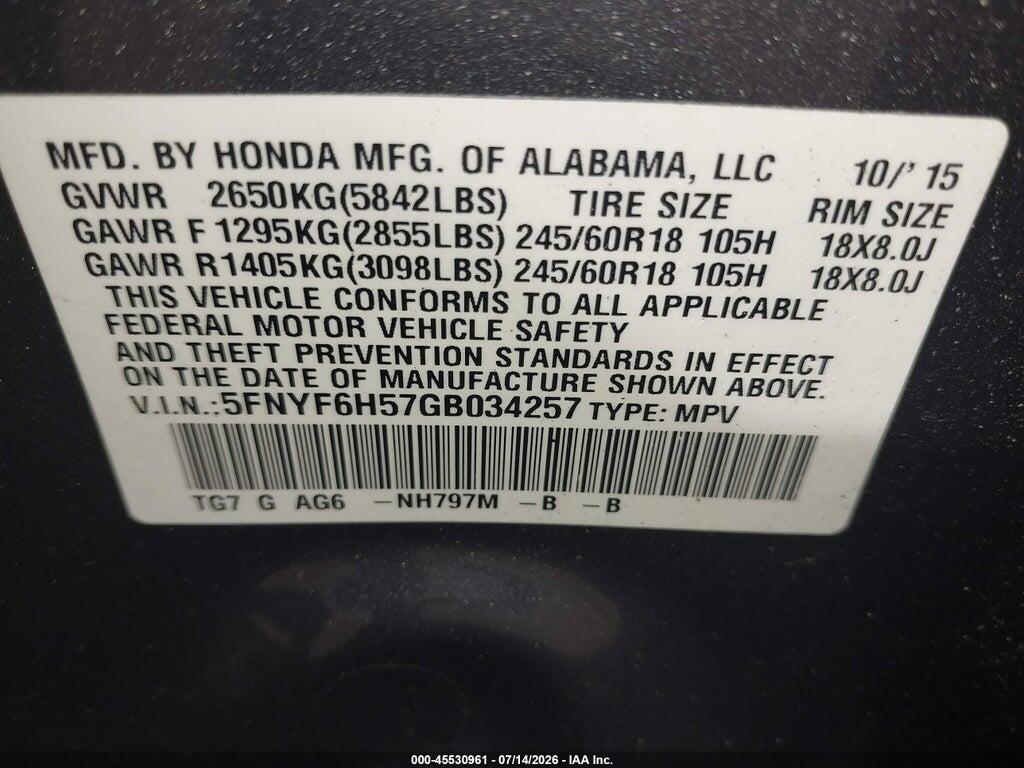 5FNYF6H57GB034257 2016 HONDA PILOT photo no. 9