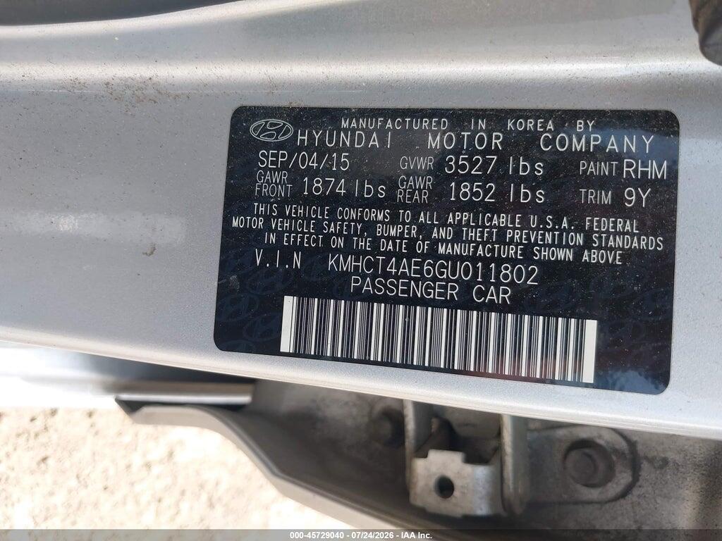 KMHCT4AE6GU011802 2016 HYUNDAI ACCENT photo no. 9