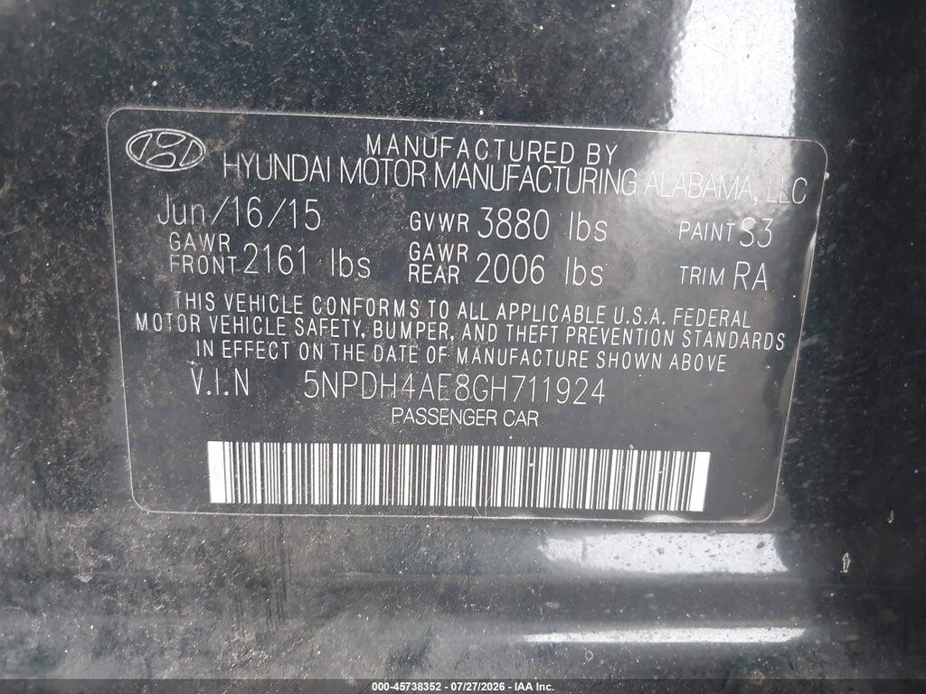 5NPDH4AE8GH711924 2016 HYUNDAI ELANTRA photo no. 9