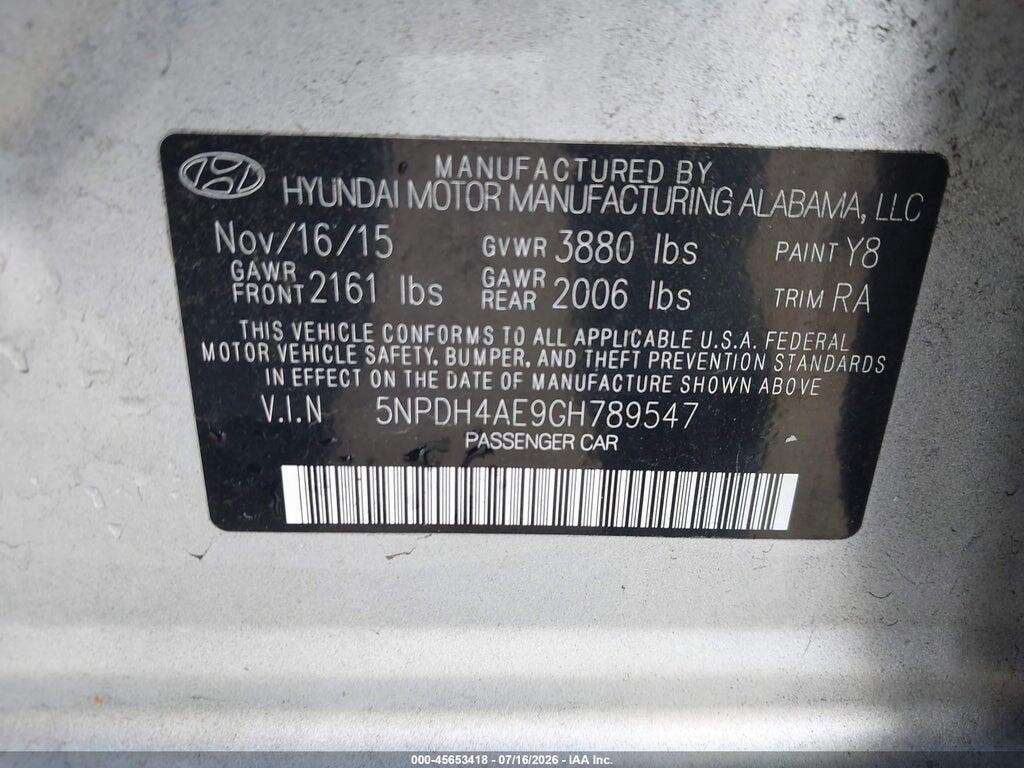 5NPDH4AE9GH789547 2016 HYUNDAI ELANTRA photo no. 9