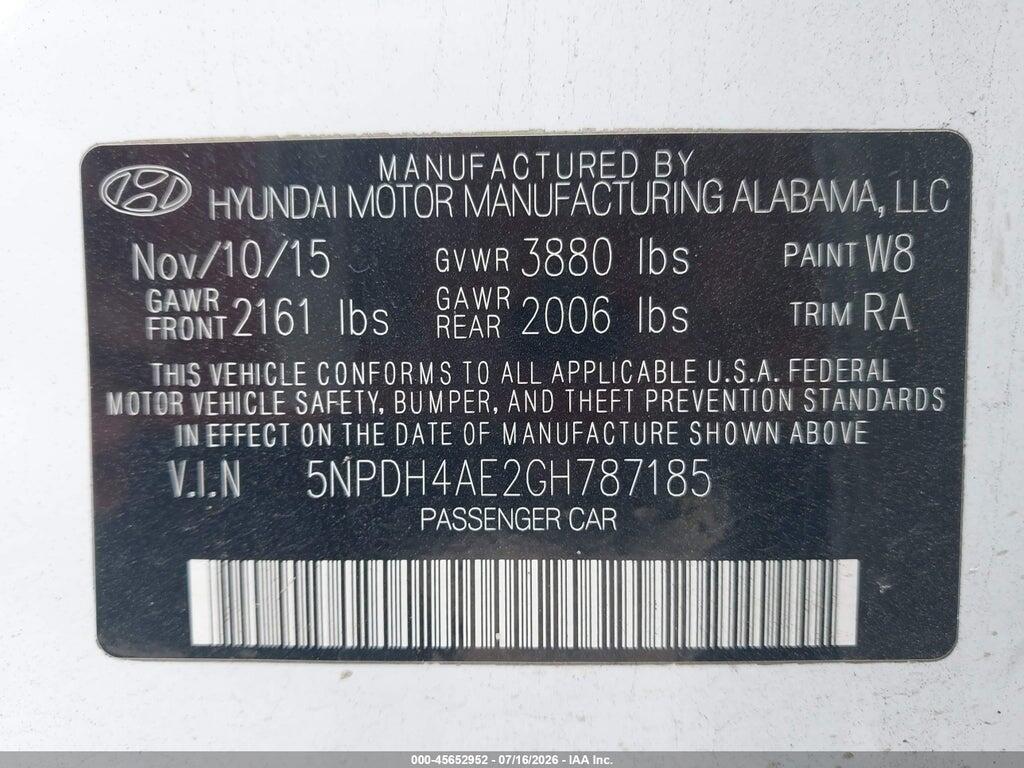 5NPDH4AE2GH787185 2016 HYUNDAI ELANTRA photo no. 9