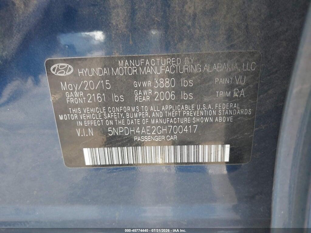5NPDH4AE2GH700417 2016 HYUNDAI ELANTRA photo no. 9