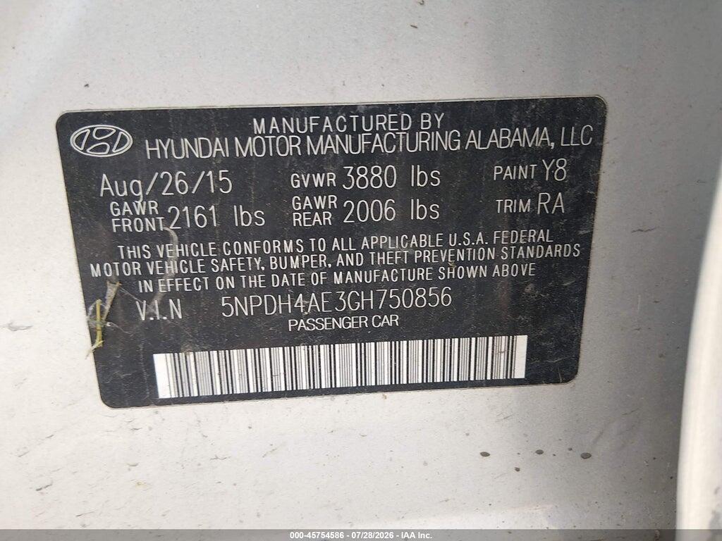 5NPDH4AE3GH750856 2016 HYUNDAI ELANTRA photo no. 9