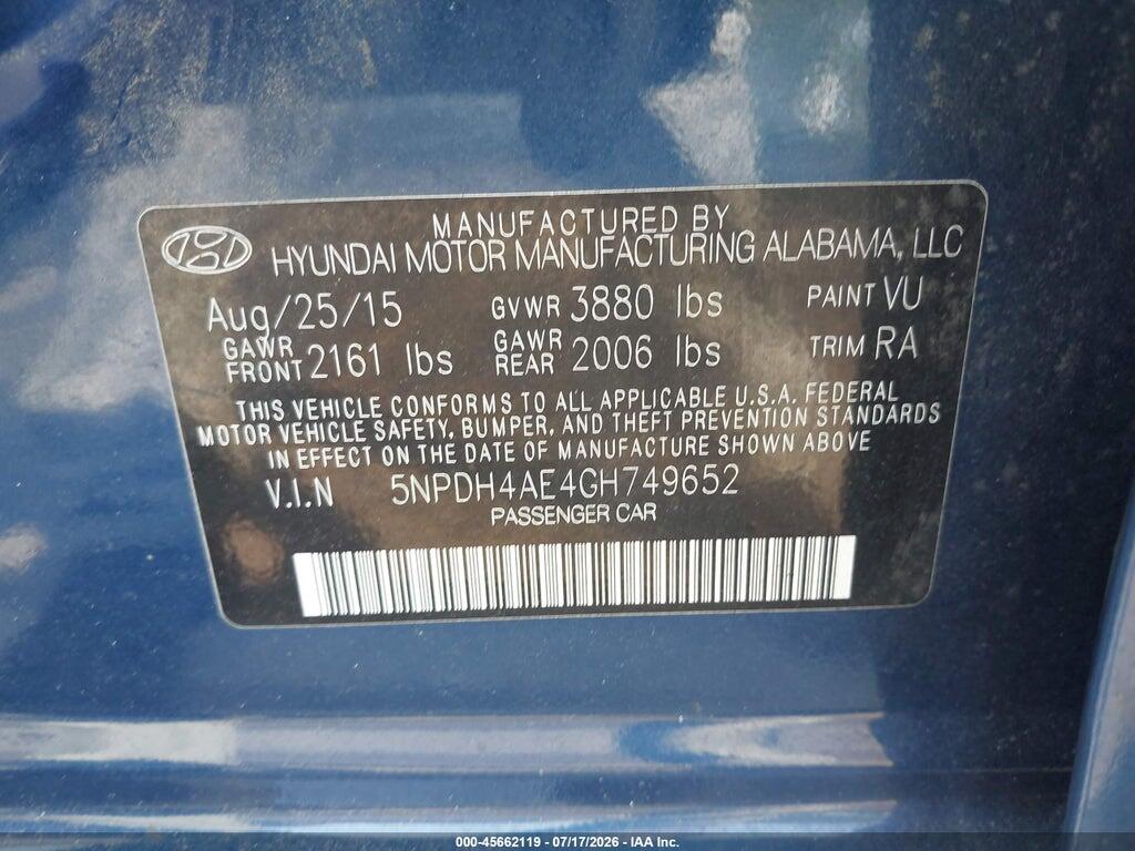 5NPDH4AE4GH749652 2016 HYUNDAI ELANTRA photo no. 9
