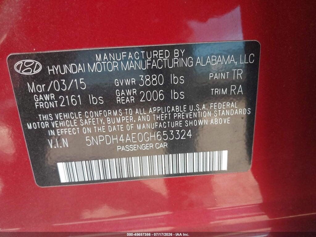 5NPDH4AE0GH653324 2016 HYUNDAI ELANTRA photo no. 9