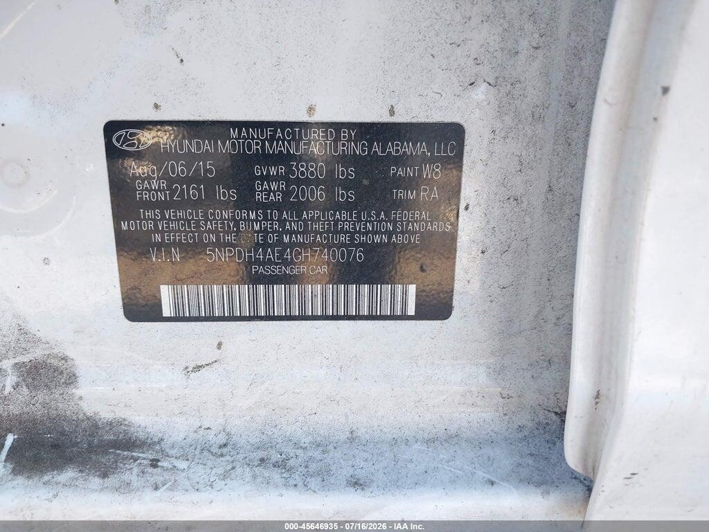 5NPDH4AE4GH740076 2016 HYUNDAI ELANTRA photo no. 9