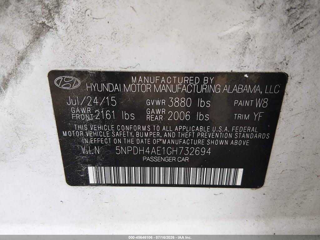 5NPDH4AE1GH732694 2016 HYUNDAI ELANTRA photo no. 9