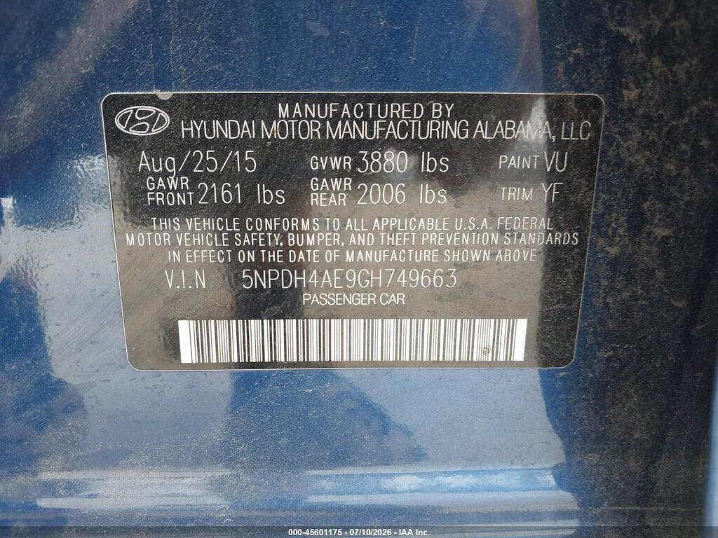 5NPDH4AE9GH749663 2016 HYUNDAI ELANTRA photo no. 9