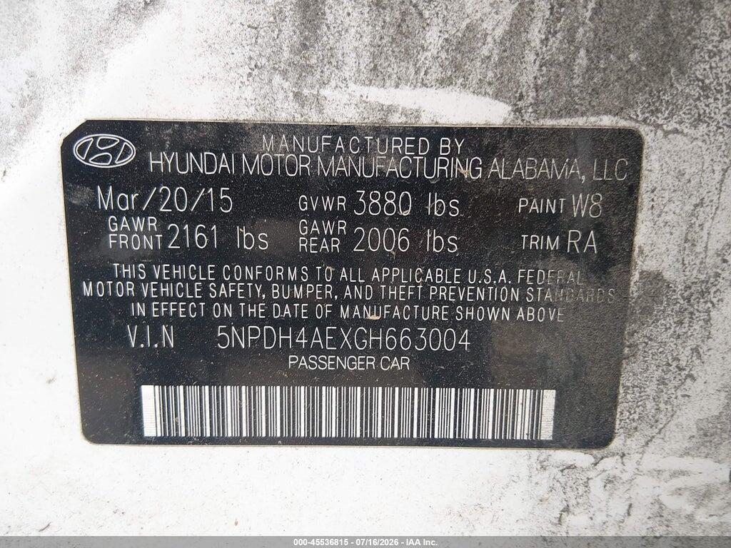 5NPDH4AEXGH663004 2016 HYUNDAI ELANTRA photo no. 9