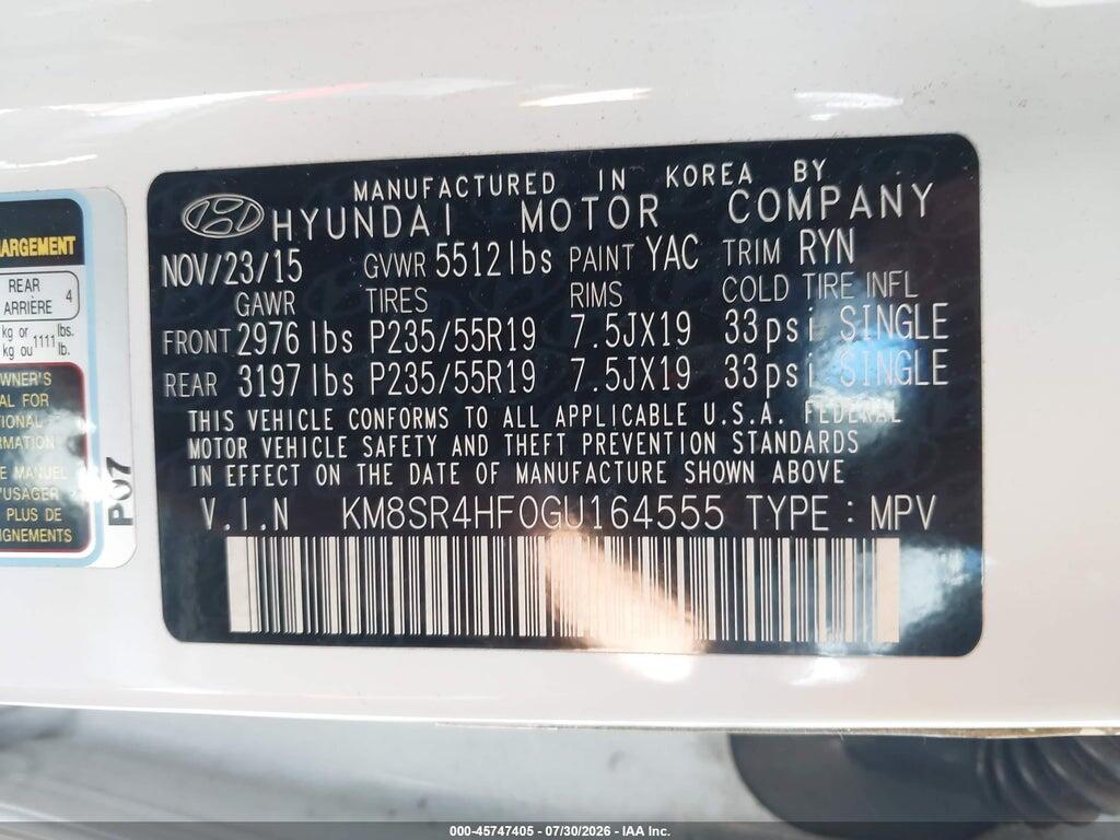 KM8SR4HF0GU164555 2016 HYUNDAI SANTA FE photo no. 9