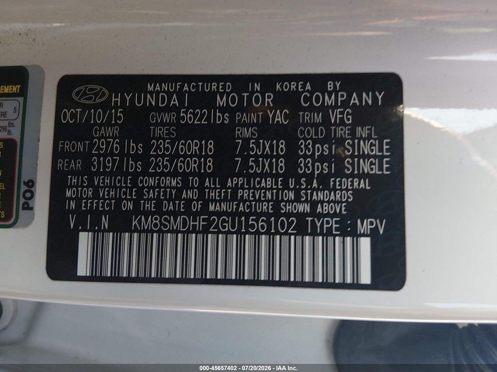 KM8SMDHF2GU156102 2016 HYUNDAI SANTA FE photo no. 9