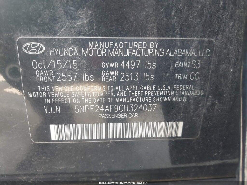 5NPE24AF9GH324037 2016 HYUNDAI SONATA photo no. 9
