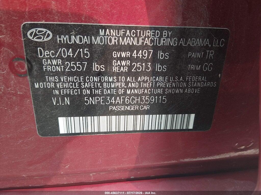 5NPE34AF6GH359115 2016 HYUNDAI SONATA photo no. 9