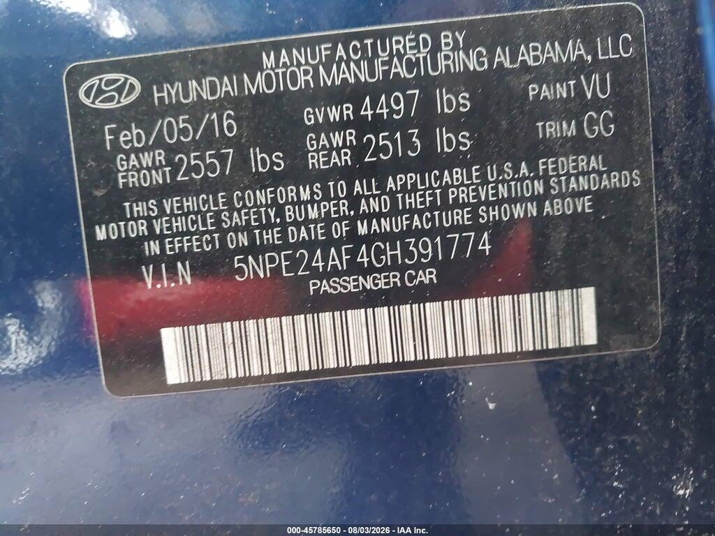 5NPE24AF4GH391774 2016 HYUNDAI SONATA photo no. 9