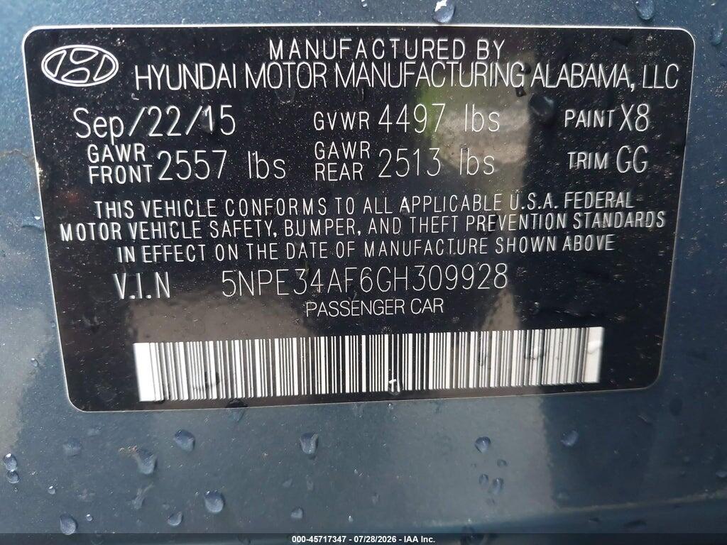 5NPE34AF6GH309928 2016 HYUNDAI SONATA photo no. 9