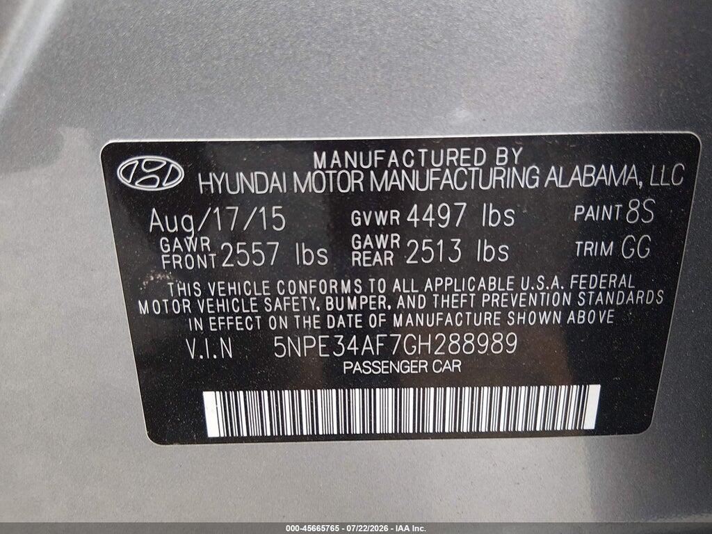 5NPE34AF7GH288989 2016 HYUNDAI SONATA photo no. 9