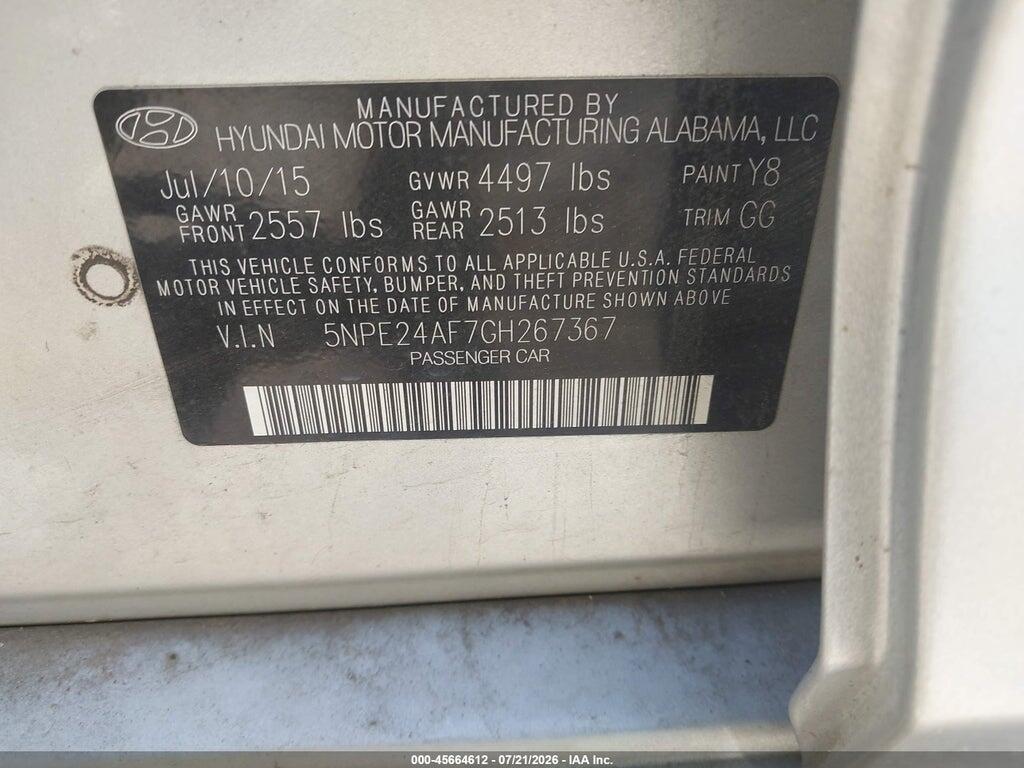 5NPE24AF7GH267367 2016 HYUNDAI SONATA photo no. 9