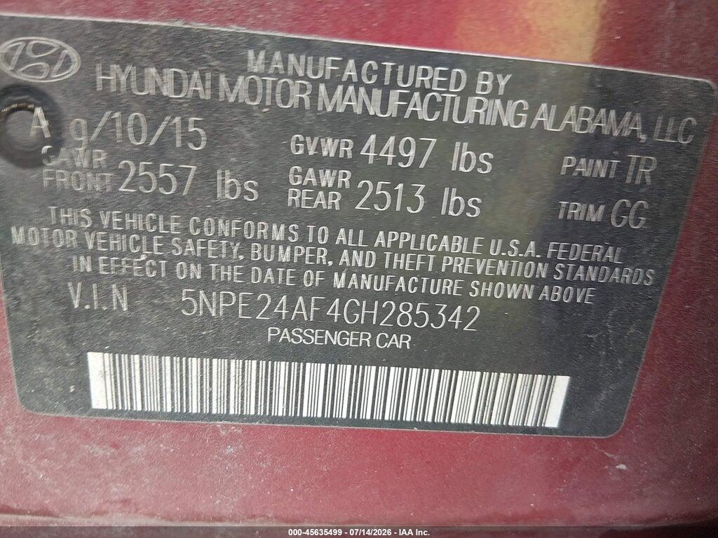 5NPE24AF4GH285342 2016 HYUNDAI SONATA photo no. 9