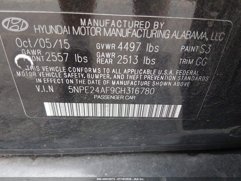 5NPE24AF9GH316780 2016 HYUNDAI SONATA photo no. 9