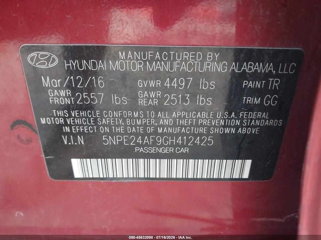 5NPE24AF9GH412425 2016 HYUNDAI SONATA photo no. 9